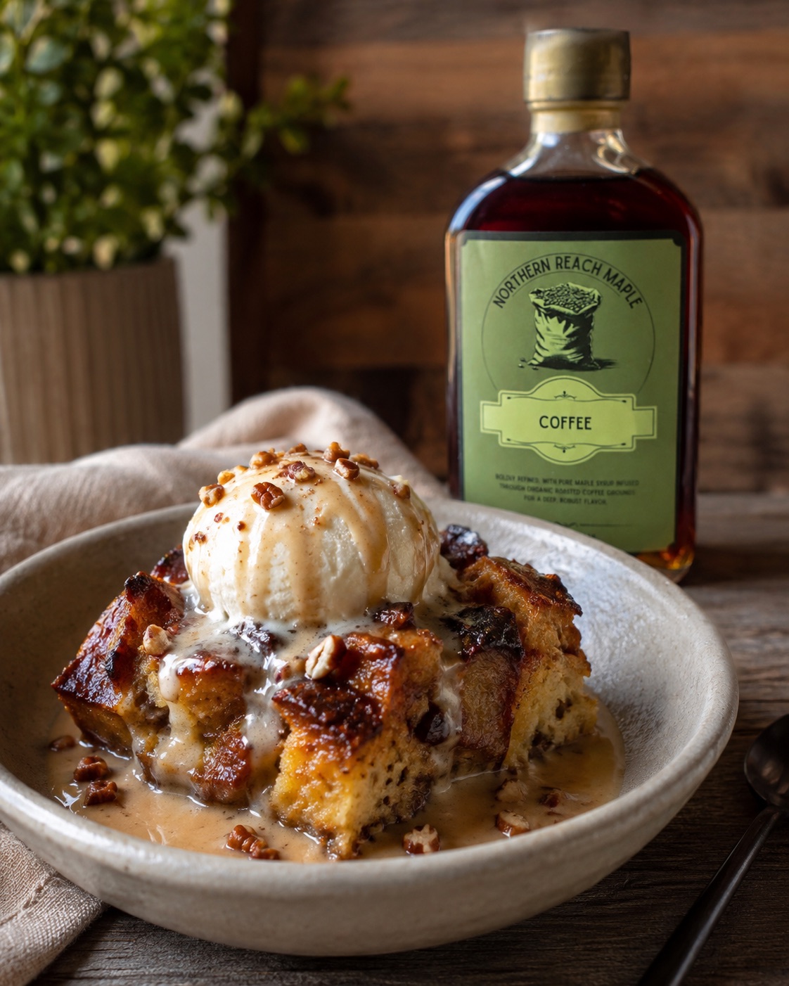 Coffee Maple Bread Pudding pictured in front of Coffee Infused Maple Syrup