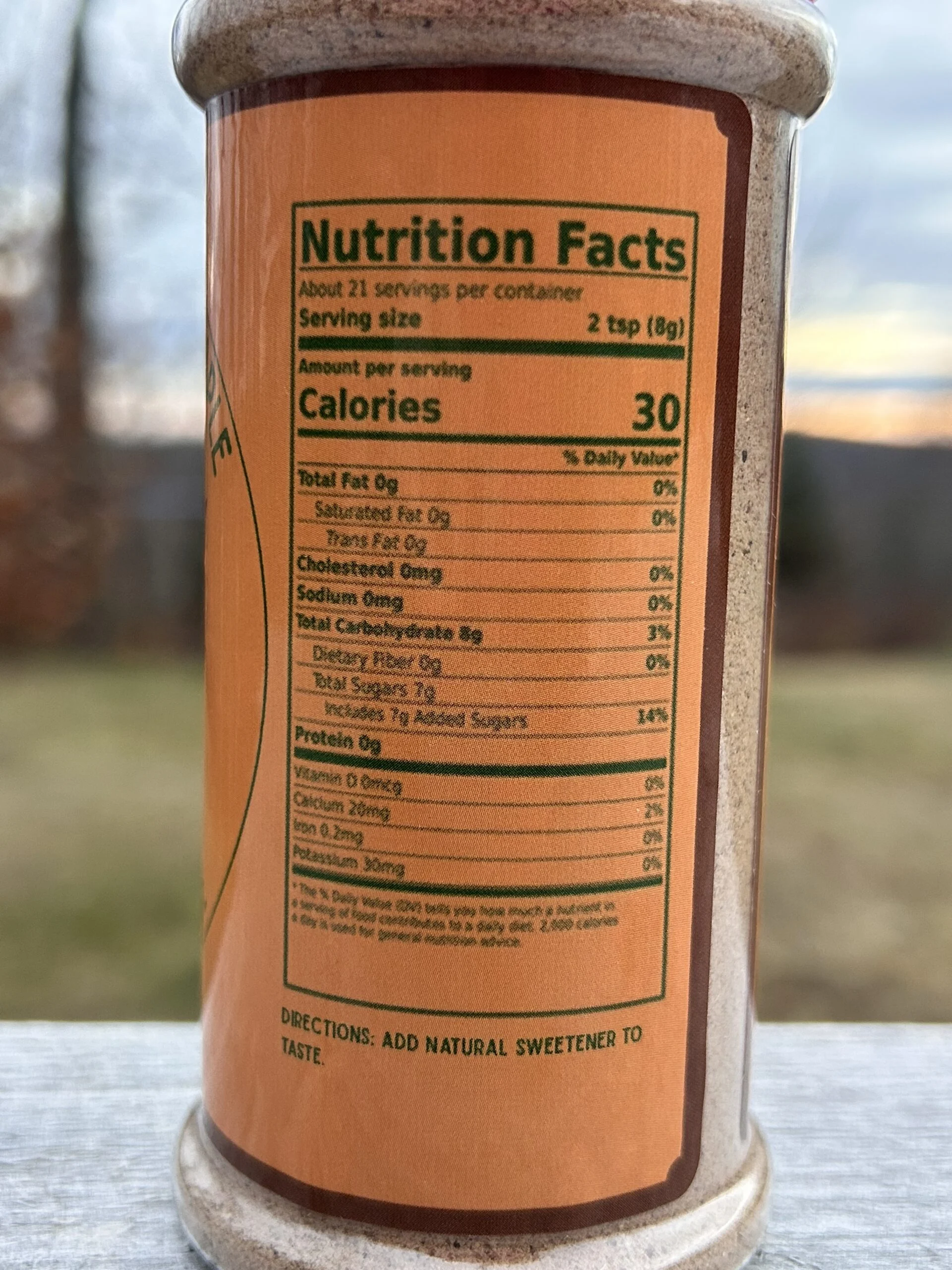6oz Maple Pumpkin Spice shaker showing the back label including the Nutrition Facts Panel.