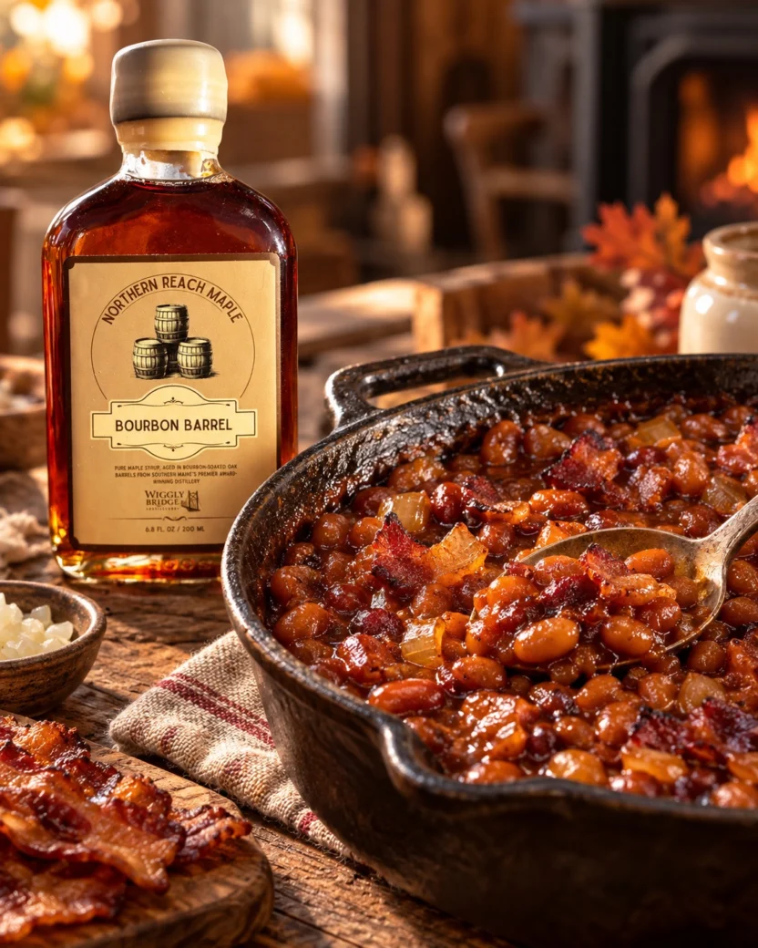 a pan of maple baked beans using Northern Reach Maple Bourbon Barrel Aged Maple Syrup