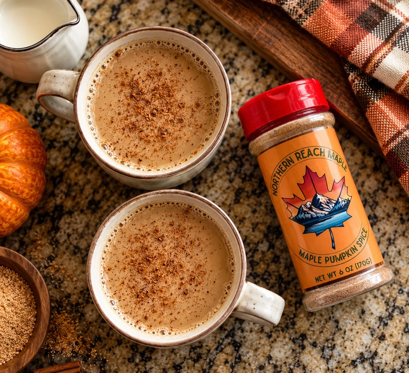 Maple Pumpkin Spice pictured beside a couple of cups of coffee.