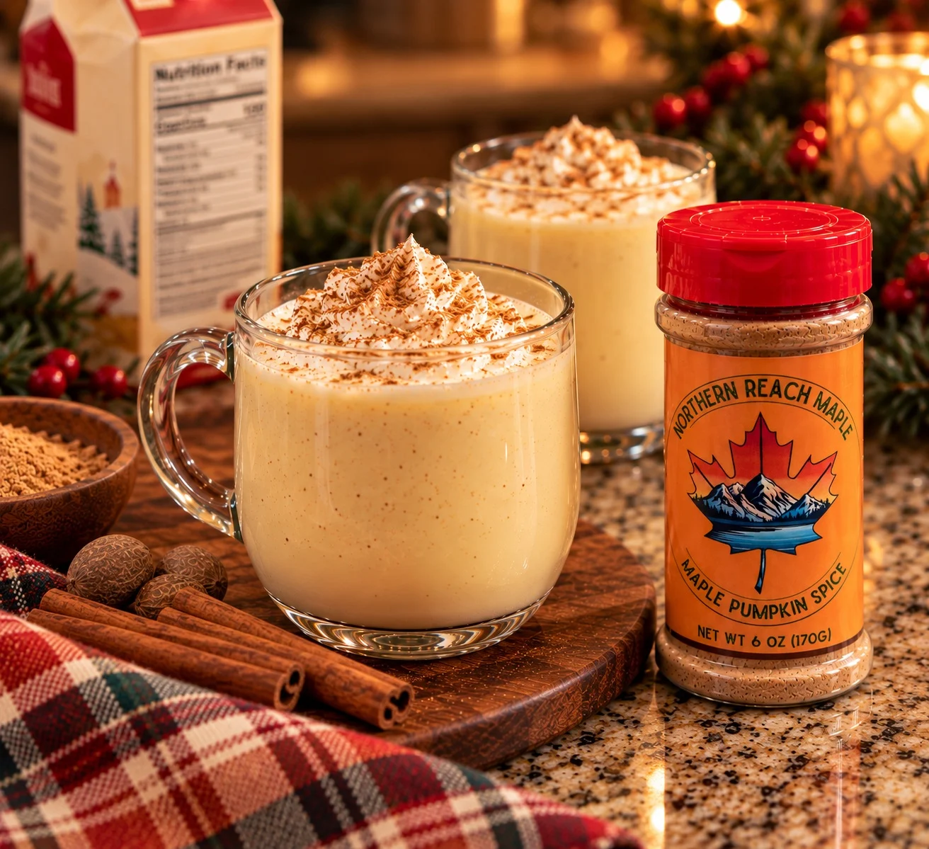 Maple Pumpkin Spice used to dust the top of egg nog in a couple of cups. Shaker shown in front of the cups.