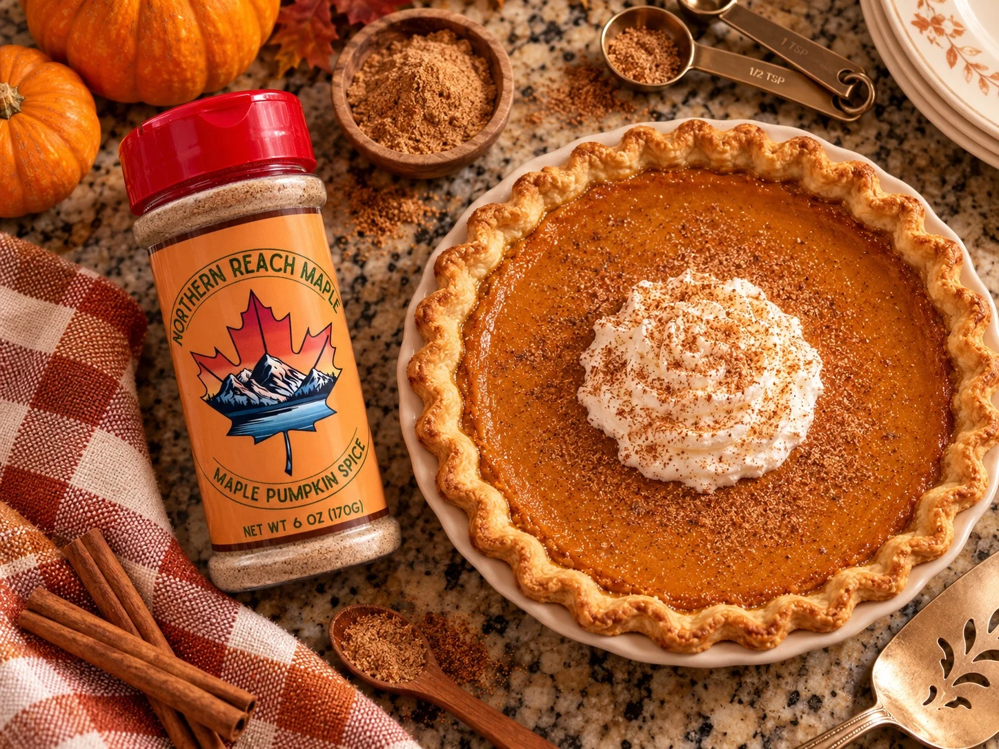 Maple Pumpkin Spice shaker shown next to a finished pumpkin pie.