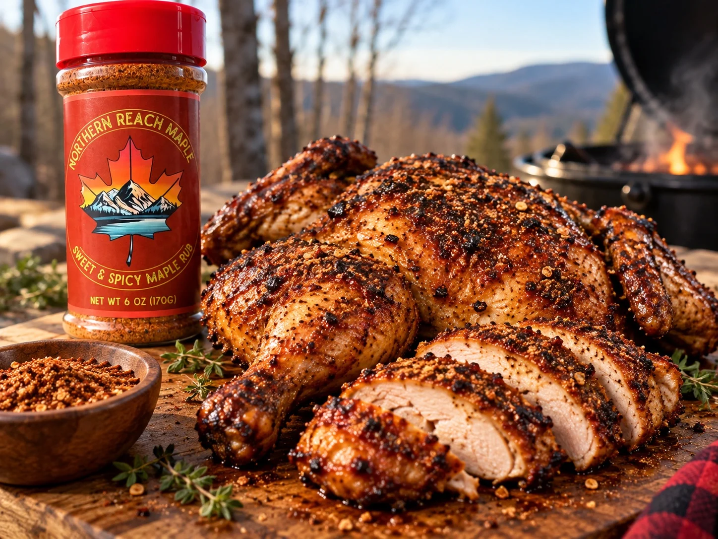 A whole chicken with Sweet & Spicy Maple Rub applied before grilling.