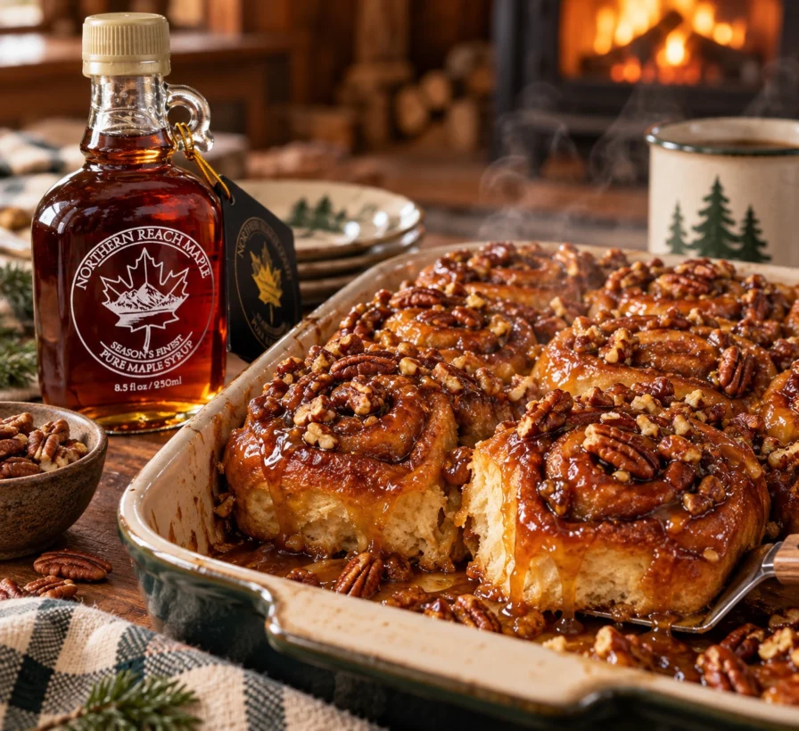 A bottle of Northern Reach Maple's Season's Finest beside a plate of warm Maple Pecan Sticky buns.